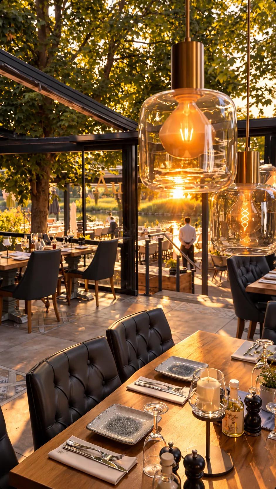 Überdachte Terrasse mit goldenen Glasleuchten und gedeckten Holztischen, dahinter der Fluss im Abendlicht