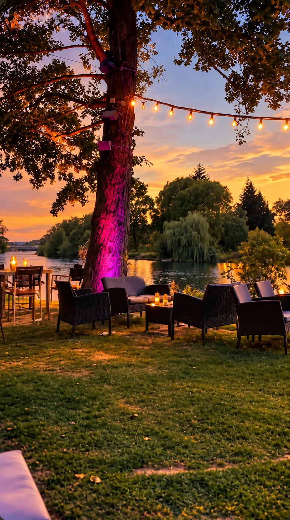 Lounge auf der Wiese am Fluss bei Sonnenuntergang, ein violett beleuchteter Baum und Lichterketten über den Sesseln