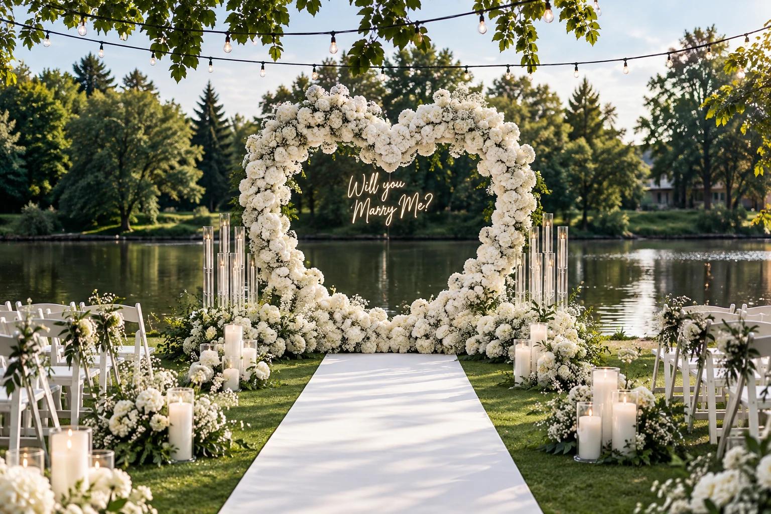Heiratsantrag am Flussufer: ein Herz aus weißen Blüten mit dem Leuchtschriftzug „Will you marry me?“, davor ein weißer Gang zwischen Kerzen und Stuhlreihen